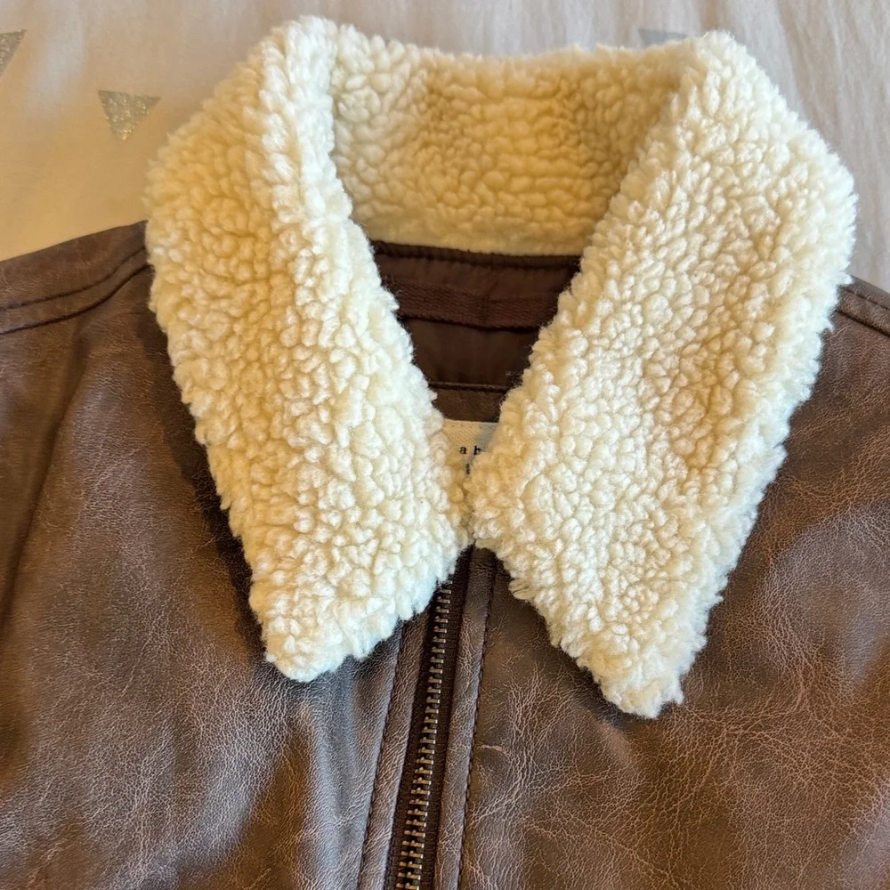 Kids Brown Faux Leather Jacket with off white Sherpa Collar